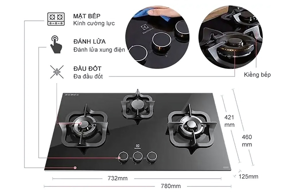 Bếp gas âm Electrolux EGT7838CK 3 Bếp có 03 vùng nấu, linh hoạt chế biến món ăn