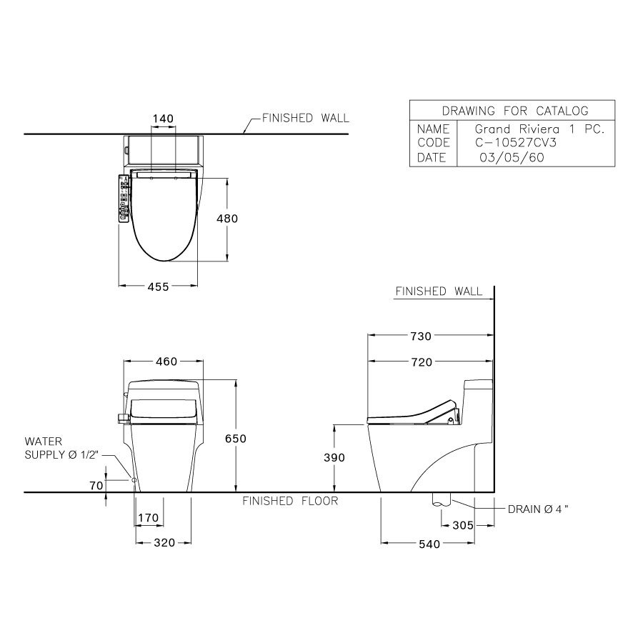 Bản vẽ kỹ thuật bồn cầu 1 khối COTTO nắp điện tử C10527(CV3)