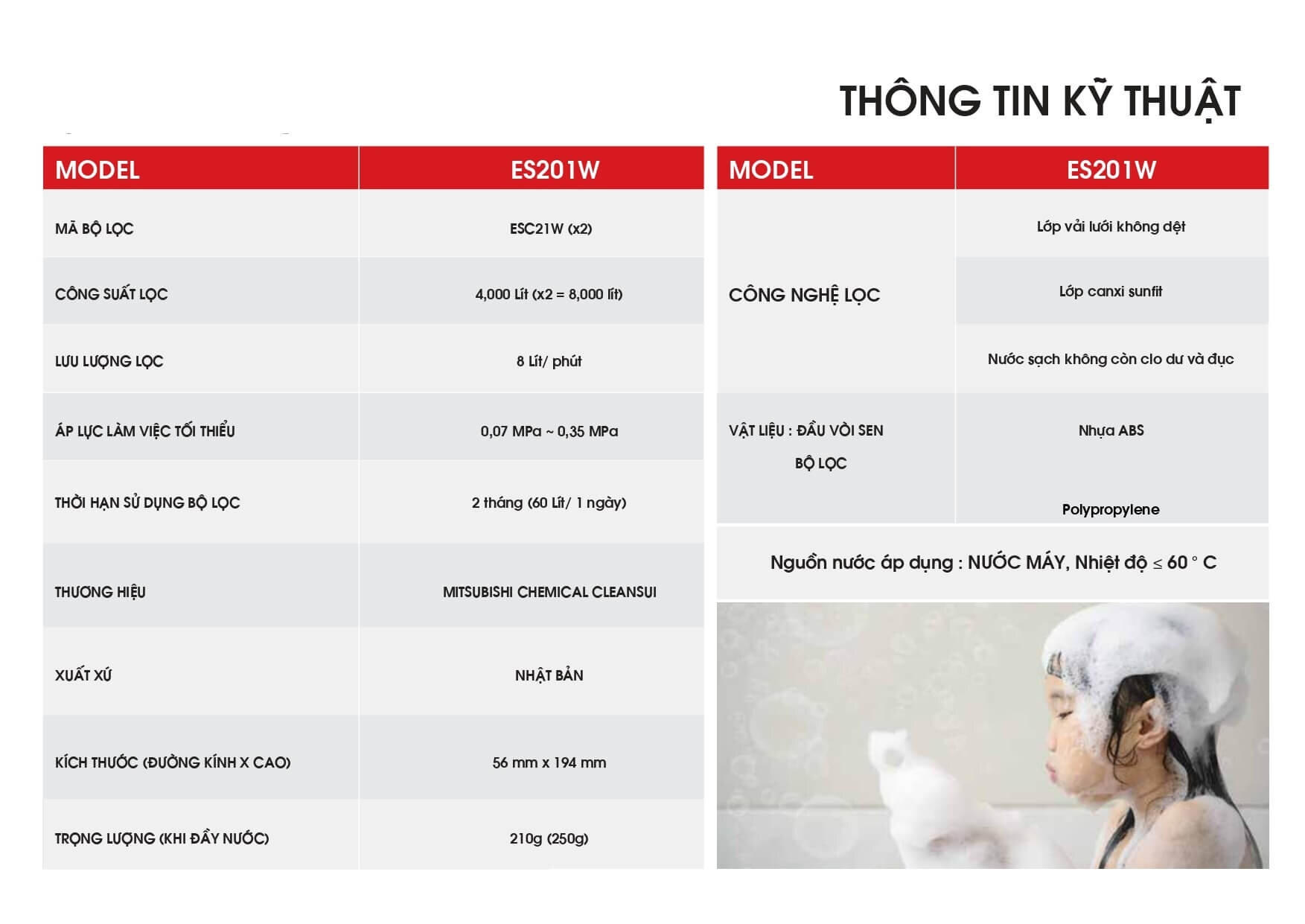thông tin kỹ thuật vòi sen khử clo es201w