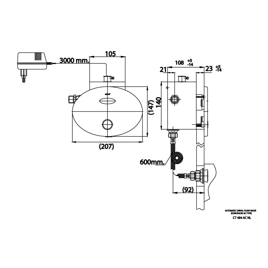 Bản vẽ kỹ thuật van xả tiểu nam cảm ứng âm tường dùng pin có nút xả cơ COTTO CT484AC(NL)
