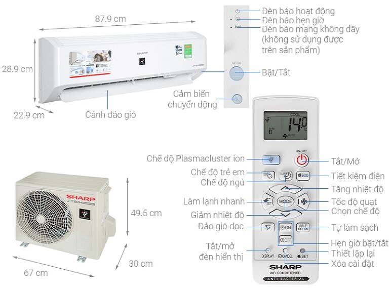 Điều hòa Sharp 12000 BTU 1 chiều Inverter AH-XP13YMW gas R-32