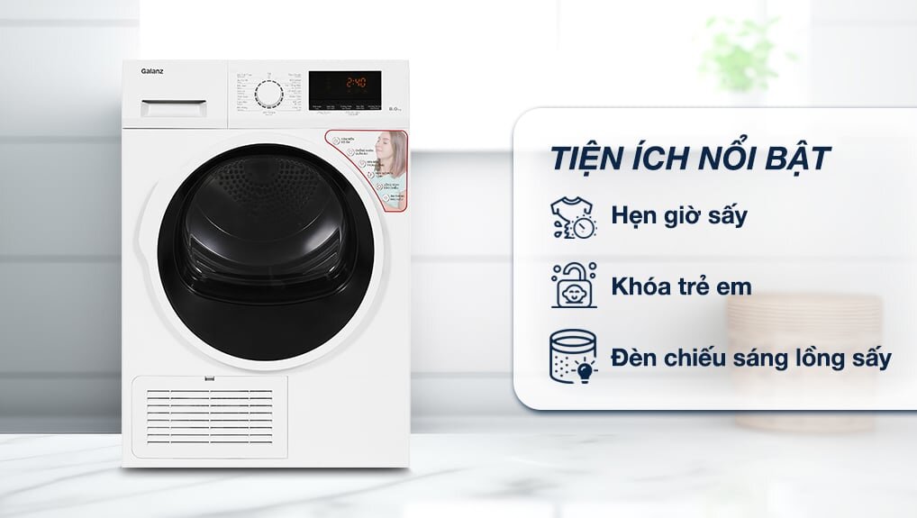 Máy sấy thông hơi Galanz 8kg DC-80S5C có tính năng hẹn giờ linh hoạt, chủ động