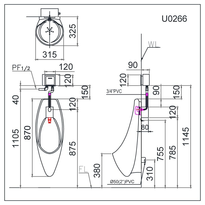 Bản vẽ kỹ thuật bồn tiểu Caesar U0266