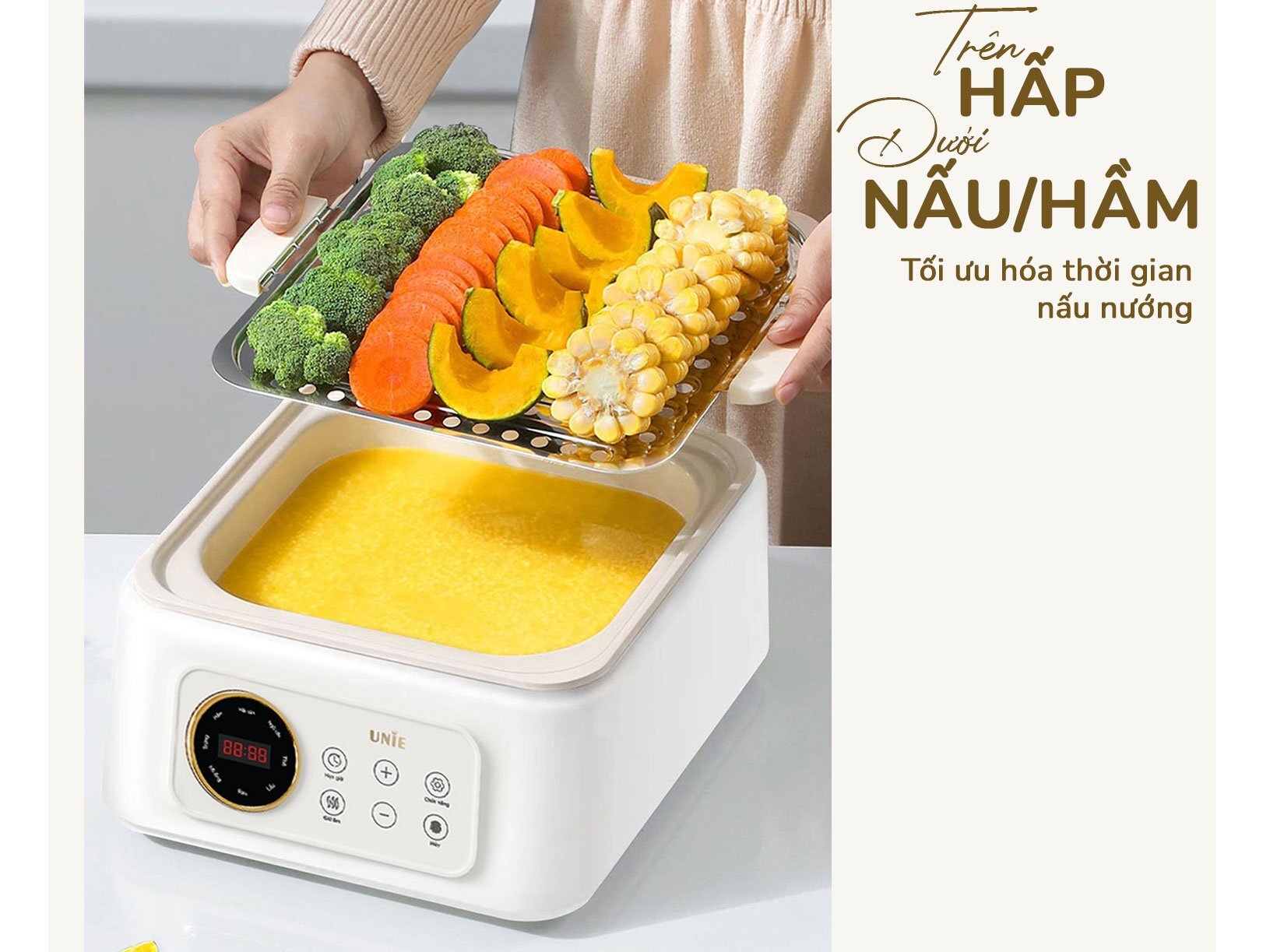 Unie UE668 có thể hầm và hấp thực phẩm cùng lúc 