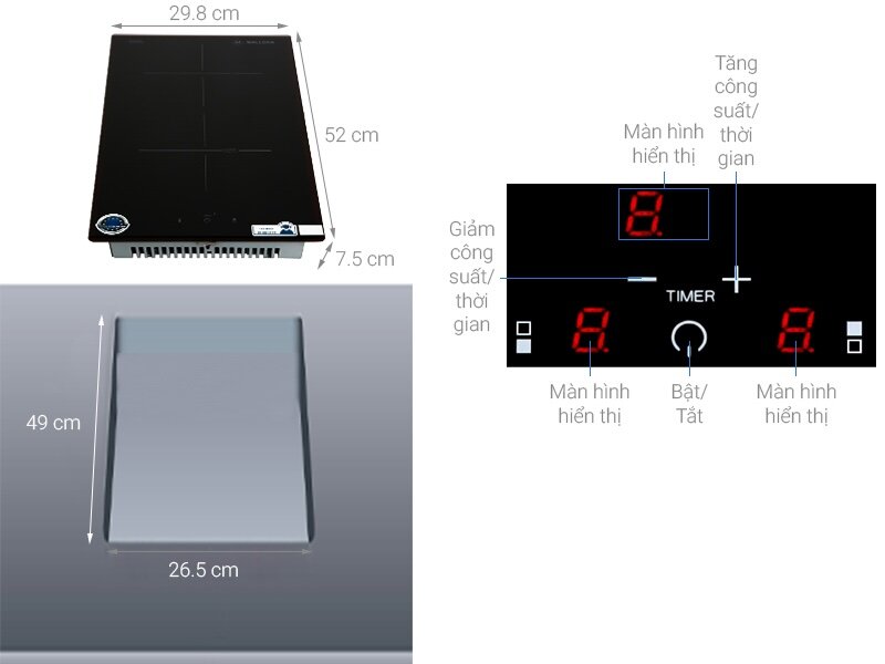 Bếp từ 2 vùng nấu Malloca MDI 302 được tích hợp bảng điều khiển cảm ứng nhạy bén
