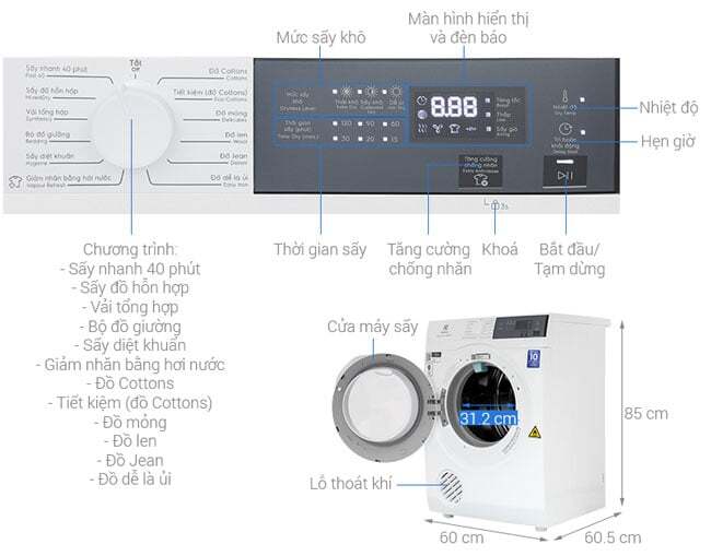 Cấu tạo của máy sấy thông hơi Electrolux 9kg EDS904H3WC Cấu tạo của máy sấy thông hơi Electrolux 9kg EDS904H3WC