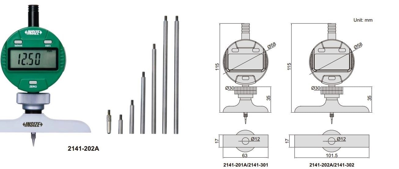 Đồng hồ đo độ sâu điện tử Insize 2141-202A