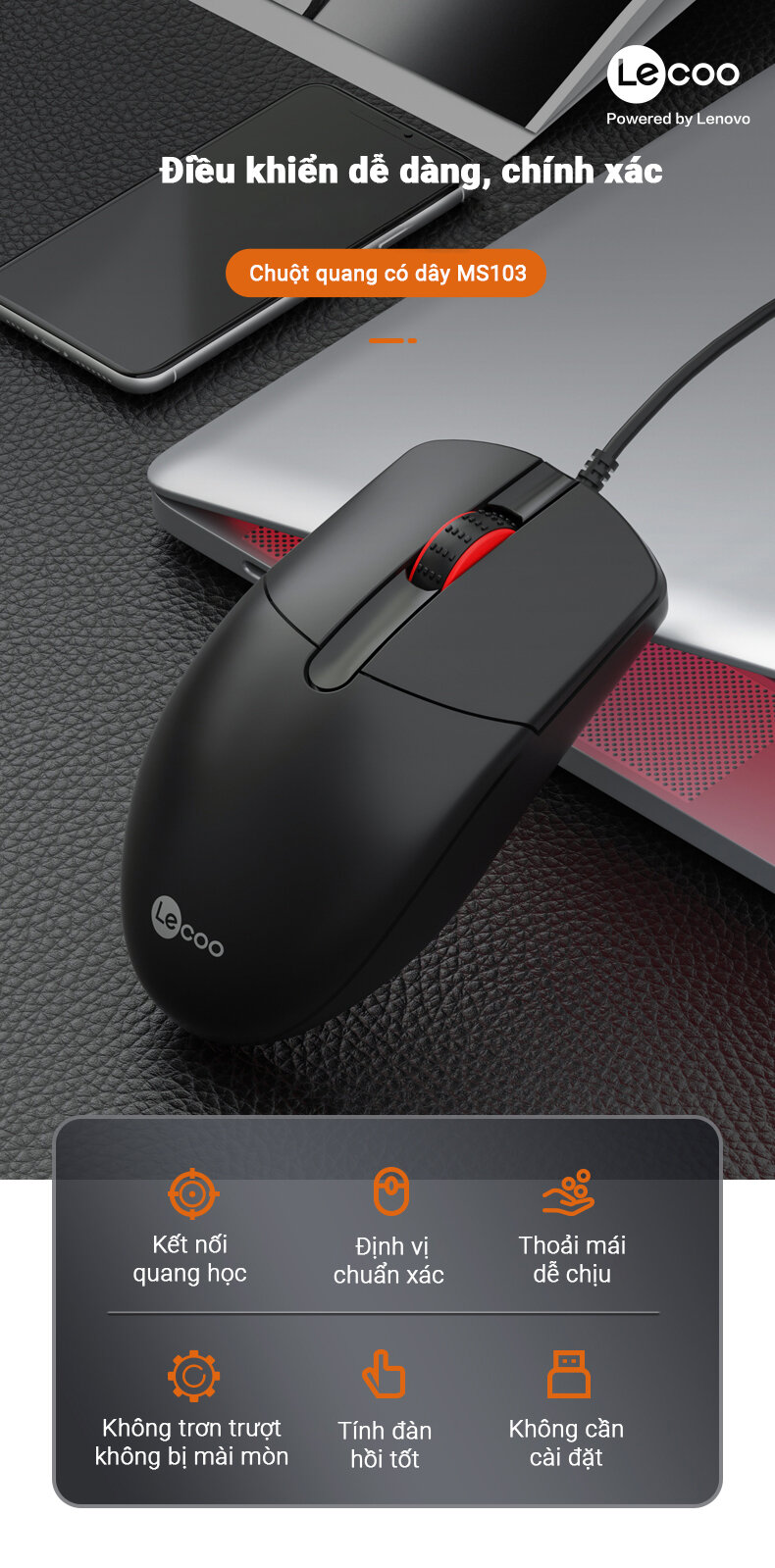 Chuột Lecoo MS103 đen (USB)
