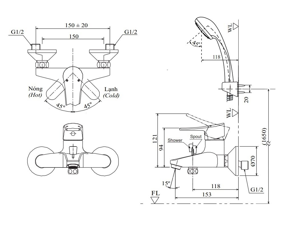 Bản vẽ kỹ thuật vòi hoa sen INAX nóng lạnh BFV-1003S-1C