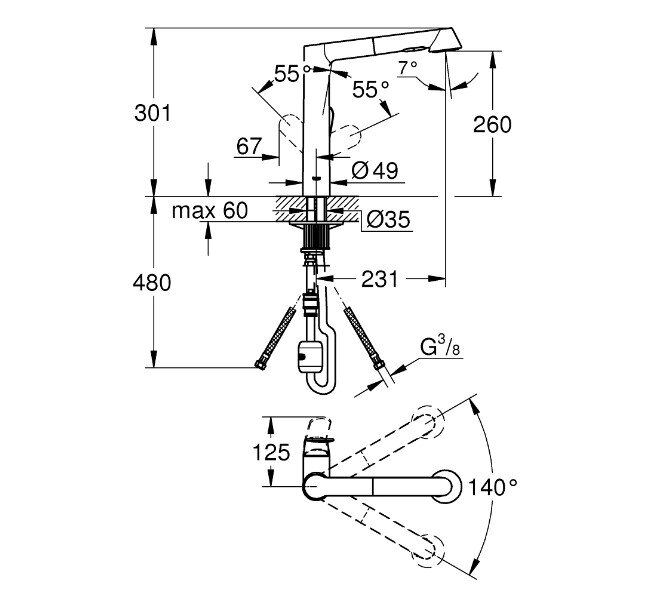Bản vẽ kỹ thuật vòi bếp nóng lạnh Grohe 32176000