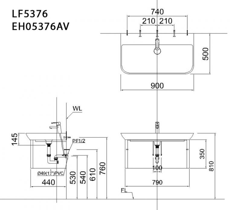 Bản vẽ kỹ thuật Bộ tủ chậu rửa mặt CAESAR LF5376+EH05376AV