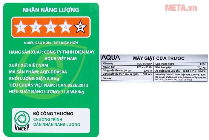 Máy giặt cửa trước Aqua 8.5kg AQD-DD850A
