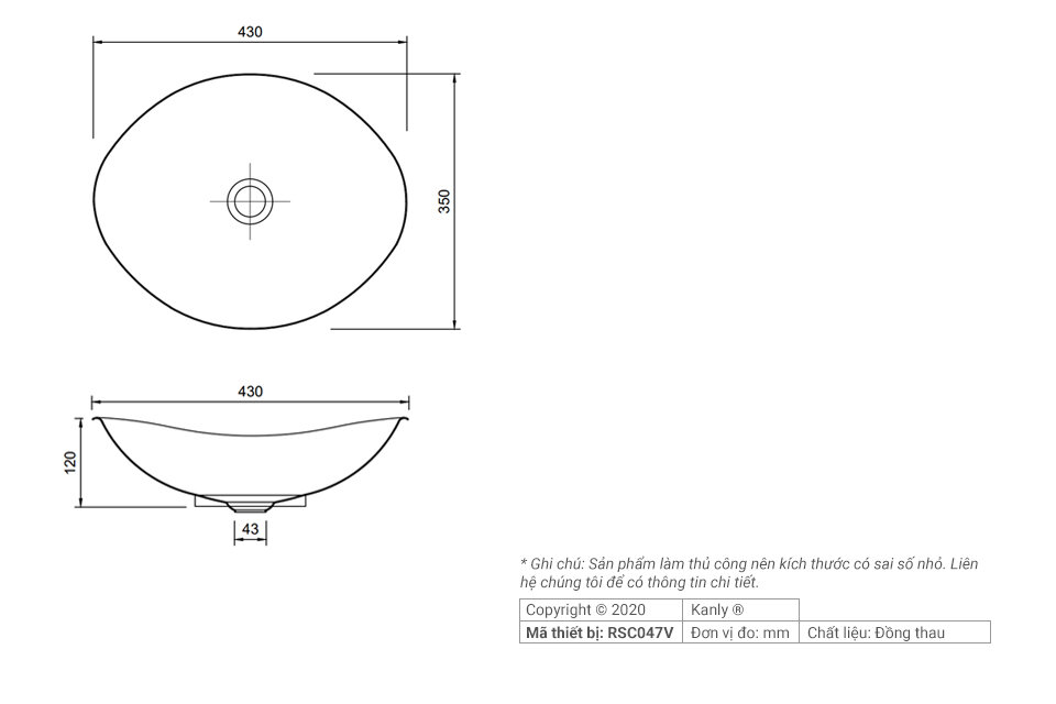 Chậu rửa lavabo bằng đồng Kanly RSC047V / RSC046V  bản vẽ