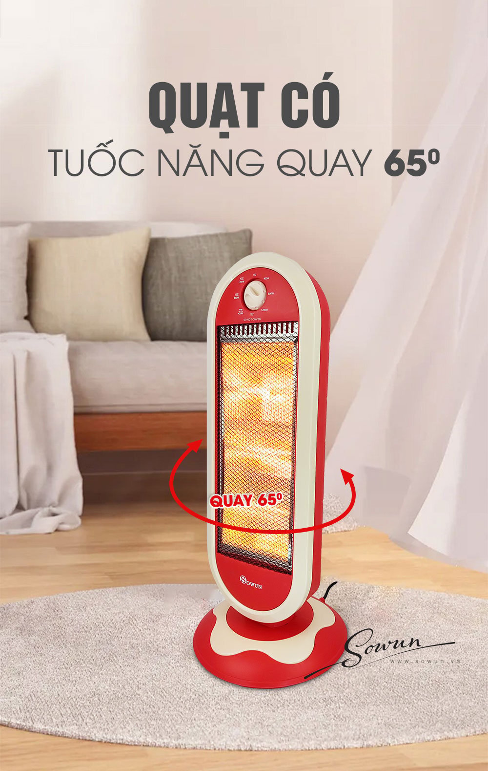 Quạt sưởi Sowun SW 838 được trang bị công suất hoạt động tối đa lên tới 1.200W