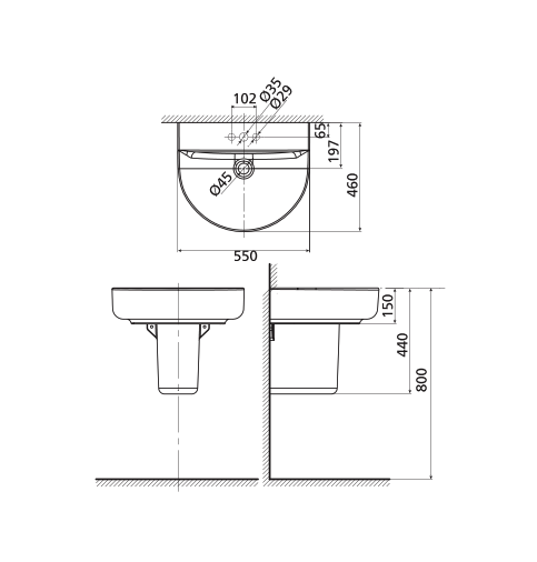 Bản vẽ kỹ thuật chậu rửa Lavabo treo tường American Standard 0553-WT