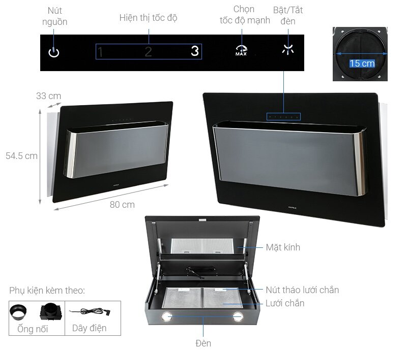 Công suất hút và cấp độ hút của máy Hafele HH-WVG80D (Ảnh: Hafele).