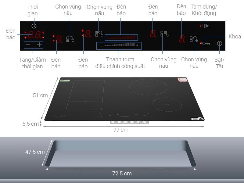 Bếp từ âm 4 vùng nấu Malloca MH-04I BM sử dụng bảng điều khiển cảm ứng trượt hiện đại