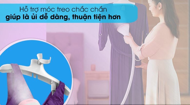 Bàn ủi hơi nước đứng Philips GC485/49 có móc treo đồ tiện lợi, dễ dàng ủi thẳng các quần áo dài