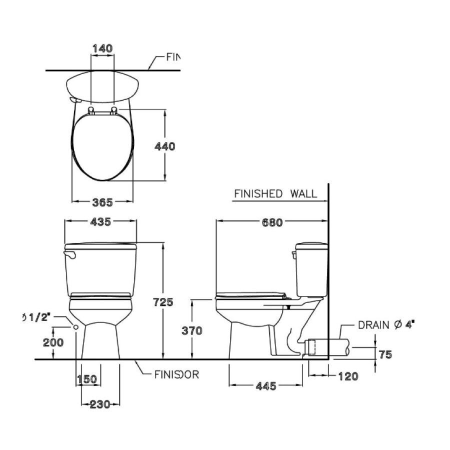 Bản vẽ kỹ thuật bồn cầu 2 khối COTTO C1454 nắp đóng êm Sharon