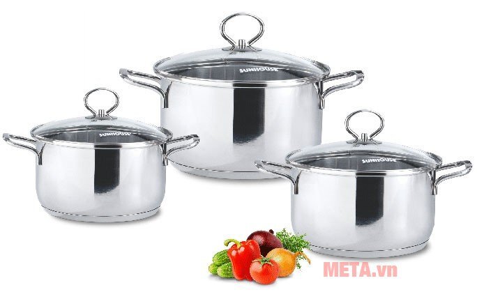 Bộ 3 nồi inox 3 đáy Sunhouse SH887 Bộ 3 nồi inox 3 đáy Sunhouse SH887