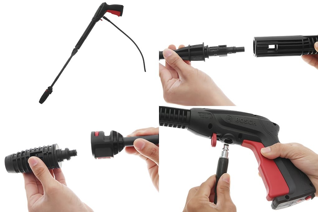 Vòi phun máy rửa xe gia đình Bosch Easy AQT 100 LL có các khớp nối giúp tháo lắp nhanh chóng