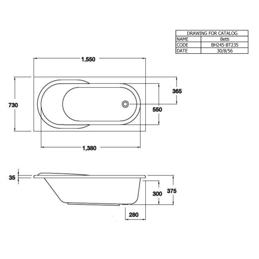 Bản vẽ kỹ thuật bồn tắm COTTO BT235PP(H) xây bệ không tay vịn