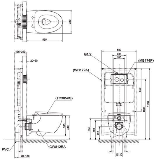 Bản vẽ kỹ thuật bồn cầu treo tường nắp điện tử C5 TOTO CW812RA/TCF24410AAA