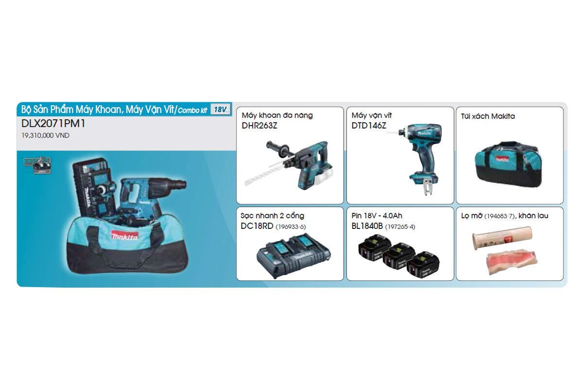 Bộ máy khoan đa năng vặn vít pin 18V Makita DLX2071PM1