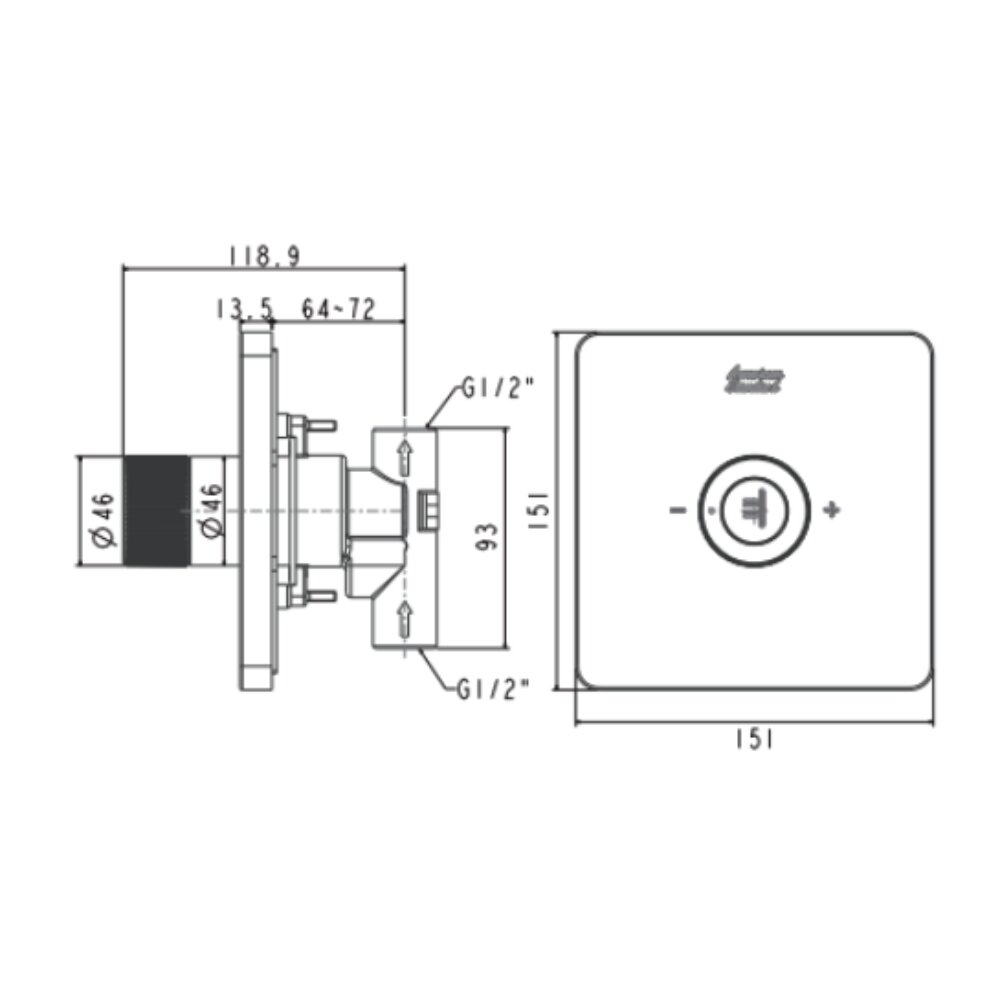 Bản vẽ kỹ thuật van điều chỉnh nóng lạnh cho thân vòi sen AMERICAN STANDARD FFAS0927