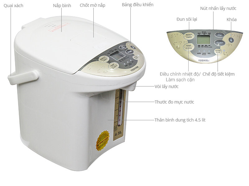 Bình thủy điện Toshiba PLK-45SF(WT)VN 4.5 lít Bình thủy điện Toshiba PLK-45SF(WT)VN 4.5 lít