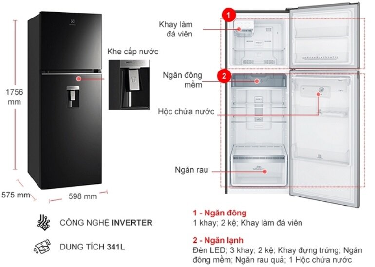 Thiết kế tủ lạnh Electrolux Inverter 341 lít ETB3740K-H phù hợp với gia đình 3-4 thành viên