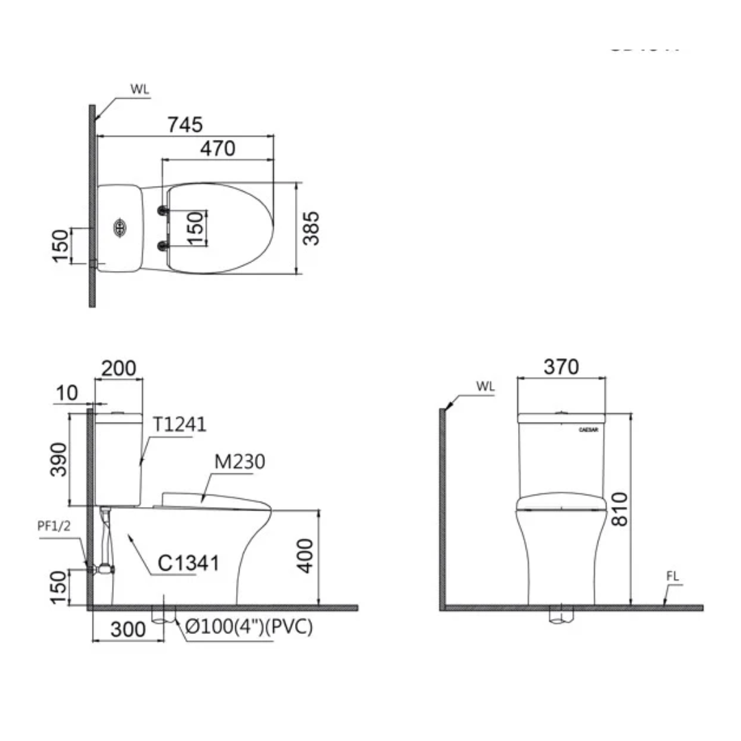 Bản vẽ kỹ thuật bồn cầu 2 khối CAESAR nắp rửa cơ CD1341+TAF050