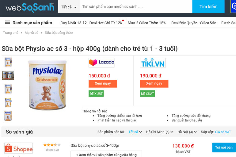 Sữa Physiolac số 3 giá bao nhiêu tiền?
