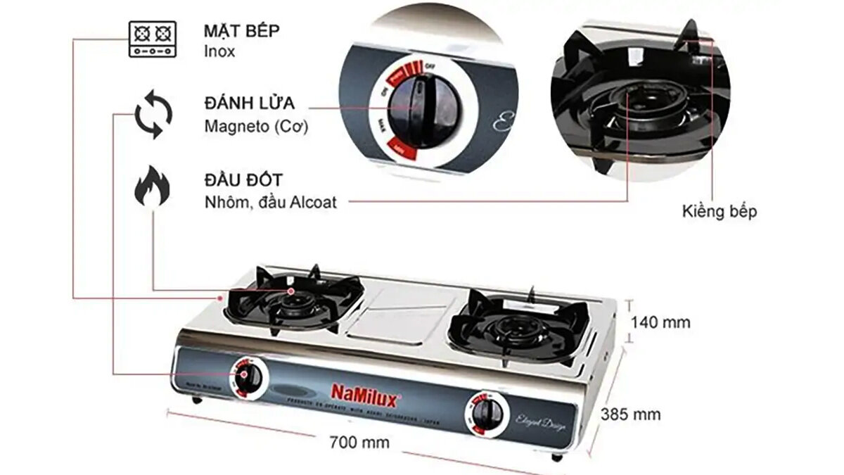 Kích thước và cấu tạo bếp gas đôi Namilux NH-670ASM