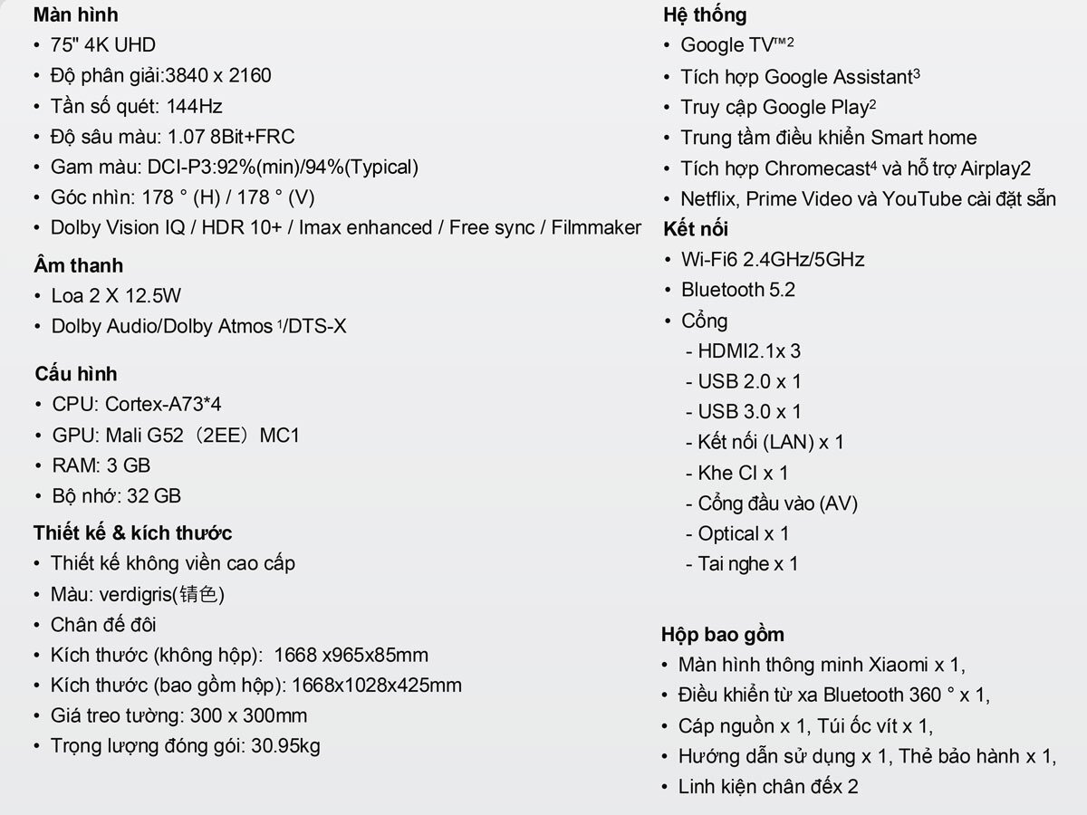 Smart Tivi Mini LED 75 inch Xiaomi S75 L75MA-SPLEA (ELA5680GL)