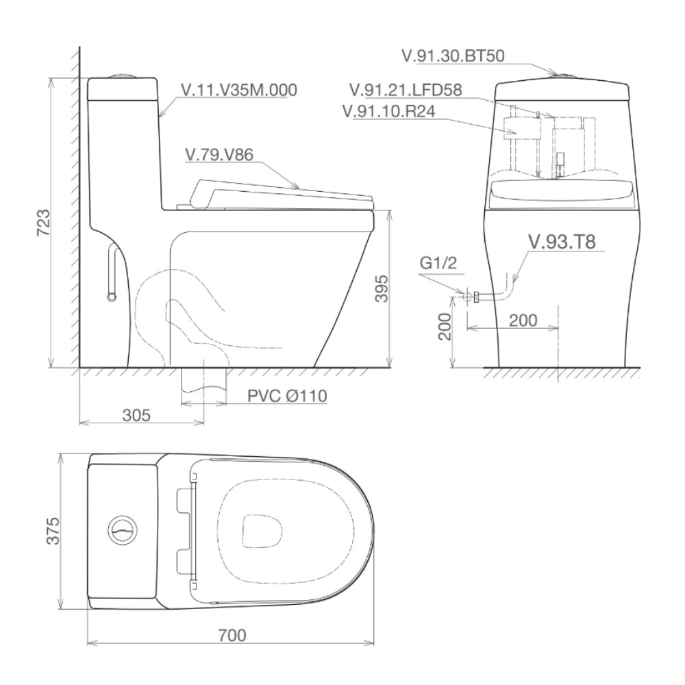 Bản vẽ kỹ thuật bồn cầu 1 khối Viglacera V35M nắp êm xả xoáy (+ vòi xịt VG826)