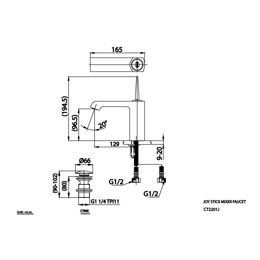 Bản vẽ kỹ thuật vòi lavabo nóng lạnh COTTO CT2201J