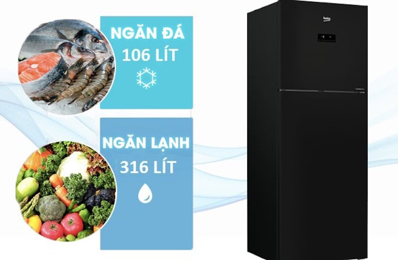 Tủ lạnh Beko Inverter 422 lít RDNT470E50VZJGB thiết kế ngăn đá trên truyền thống (ảnh: dienmayxanh).