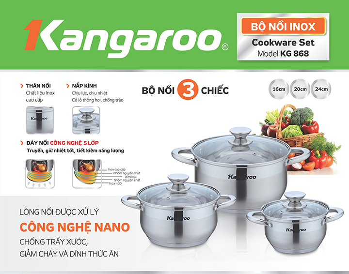 Bộ nồi 3 chiếc inox 5 lớp Kangaroo KG868/KG886