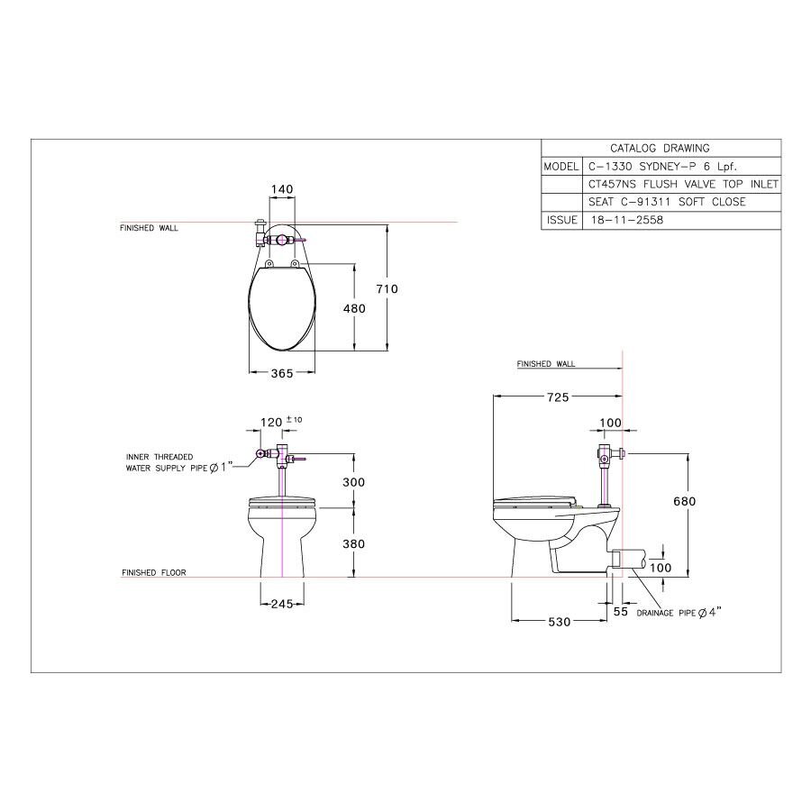 Bản vẽ kỹ thuật bồn cầu đặt sàn COTTO C1330 van xả trực tiếp Sydney nắp đóng êm