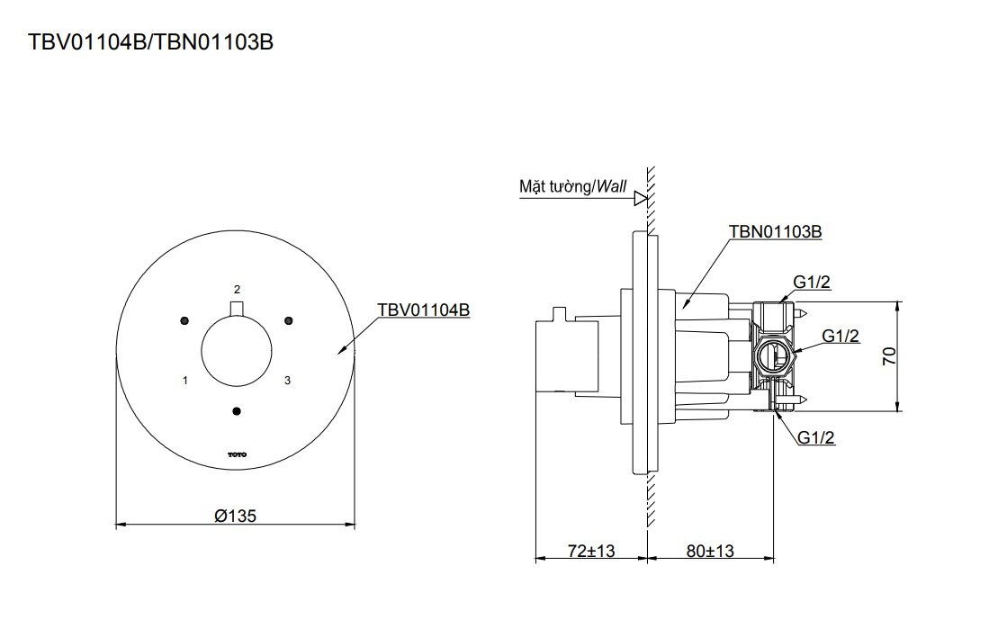 Bản vẽ kỹ thuật van chuyển hướng 3 đường nước TBV01104B kèm phụ kiện âm tường TBN01103B