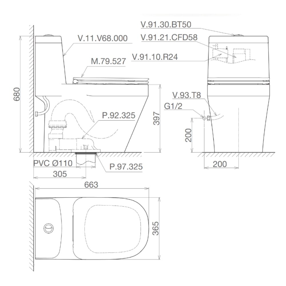 Bản vẽ kỹ thuật bồn cầu 1 khối Viglacera V68 nắp êm (+ vòi xịt VG826 & van VG853)