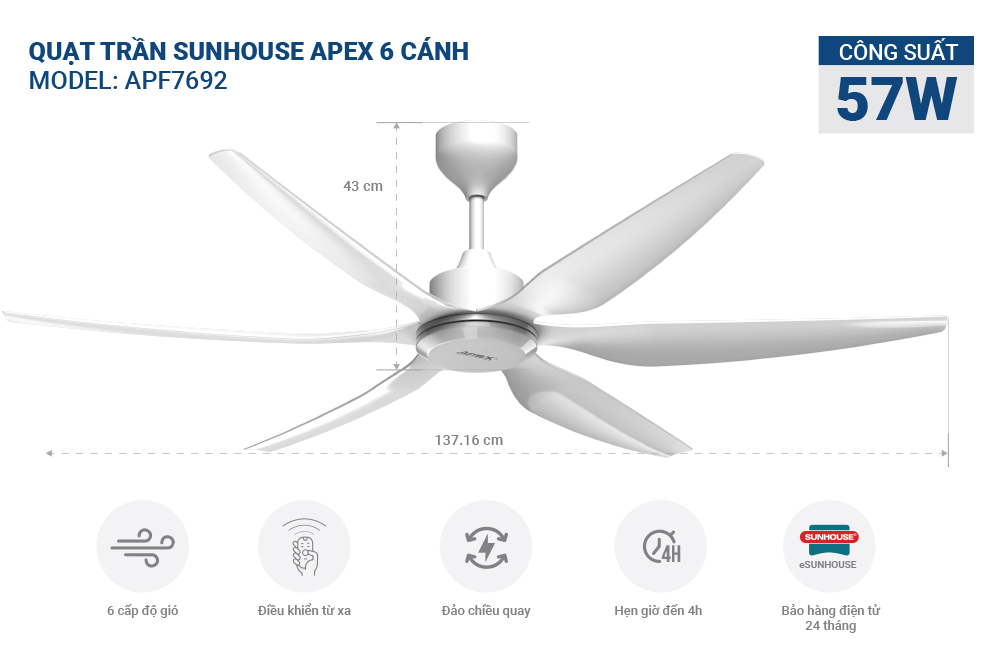 QUẠT TRẦN SUNHOUSE APEX 6 CÁNH APF7692 QUẠT TRẦN SUNHOUSE APEX 6 CÁNH APF7692