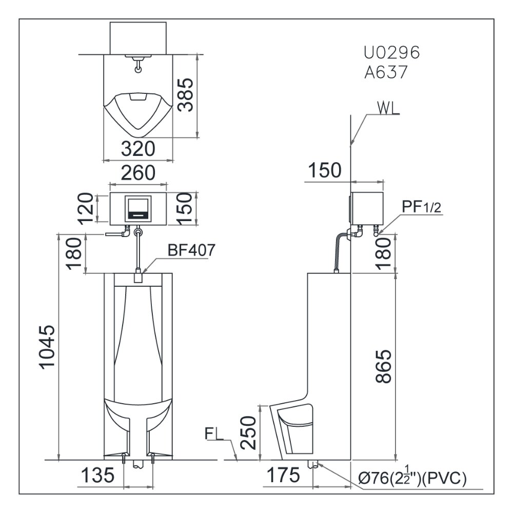 Bản vẽ kỹ thuật của bồn tiểu nam đặt sàn kèm van xả cảm ứng Caesar U0296+A648
