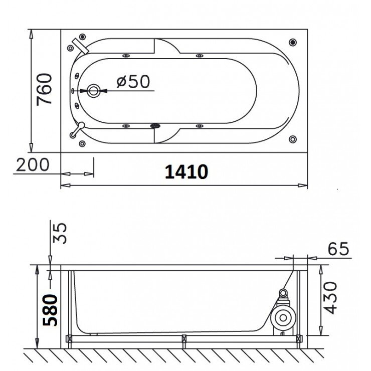 Bản vẽ kỹ thuật bồn tắm dài Caesar AT0440 1.4M