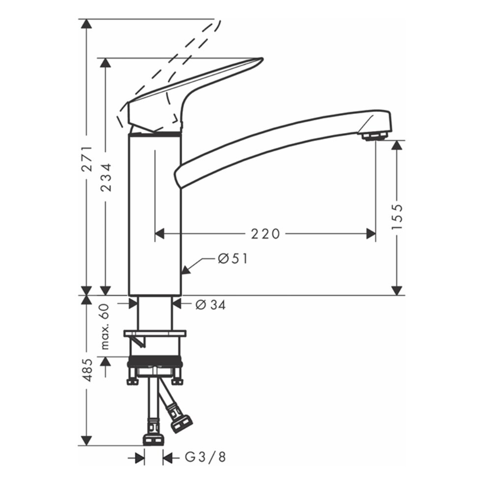 Bản vẽ kỹ thuật của vòi rửa chén nóng lạnh HG Logis M31 160 Hansgrohe 71832000