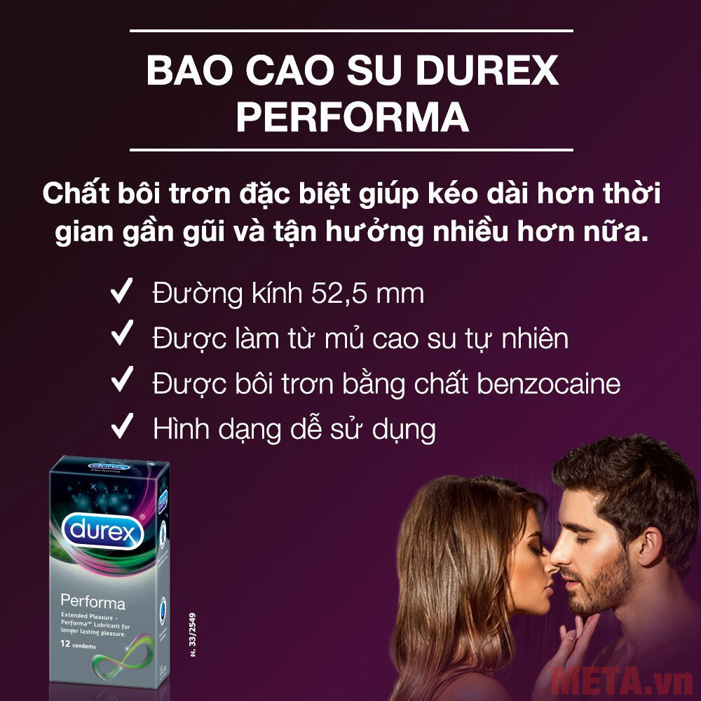 Bao cao su kéo dài thời gian quan hệ Durex Performa (hộp 12 chiếc)