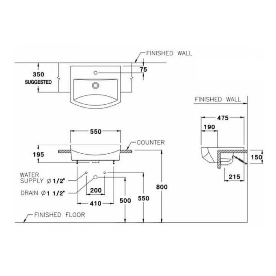 Bản vẽ kỹ thuật chậu rửa lavabo COTTO bán âm bàn C02427