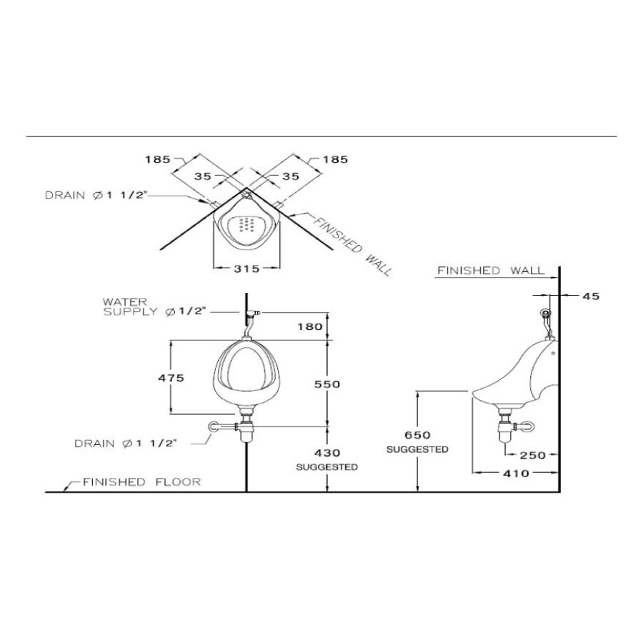 Bản vẽ kỹ thuật bồn tiểu nam COTTO treo tường C305