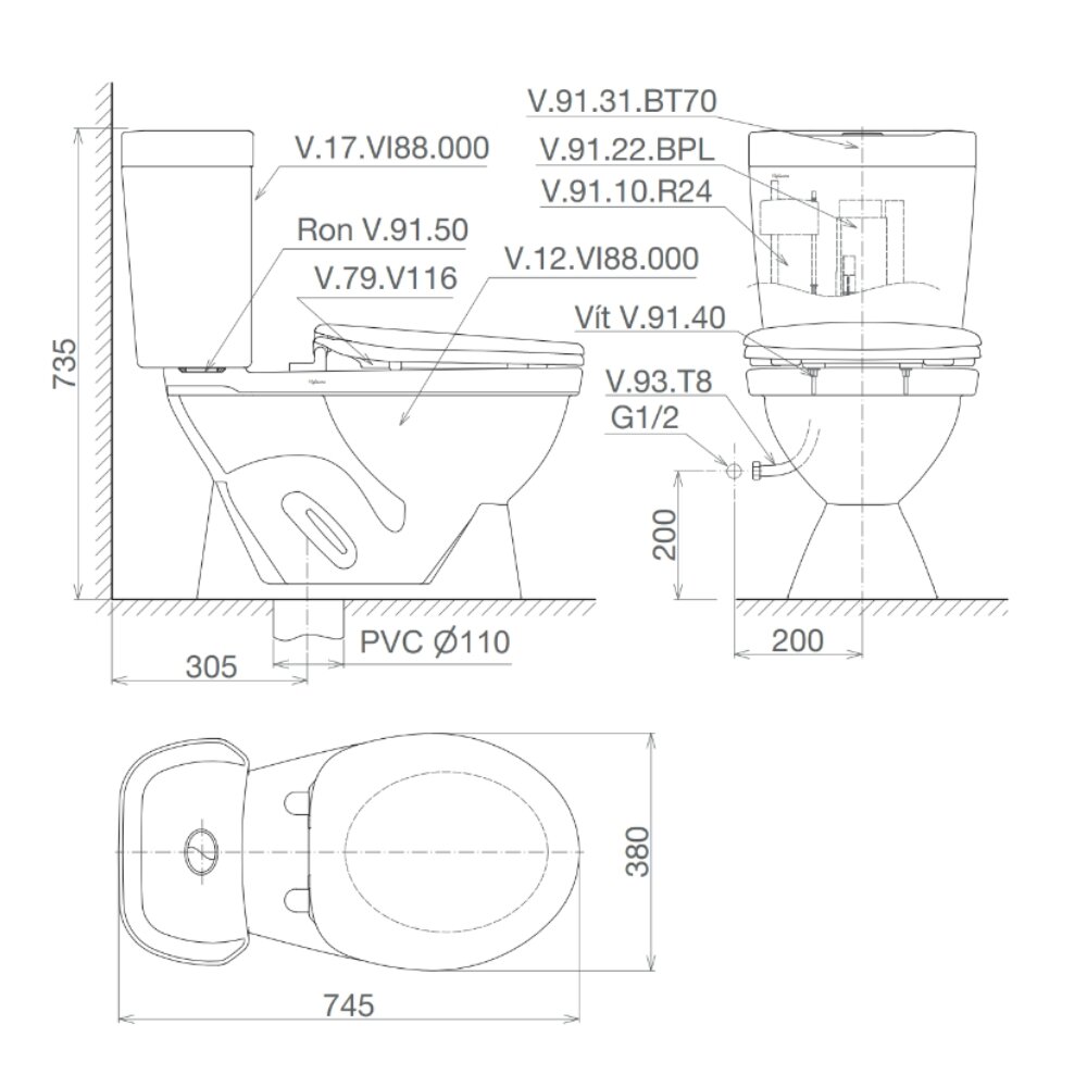Bản vẽ kỹ thuật bồn cầu 2 khối Viglacera VI88 nắp thường / nắp êm